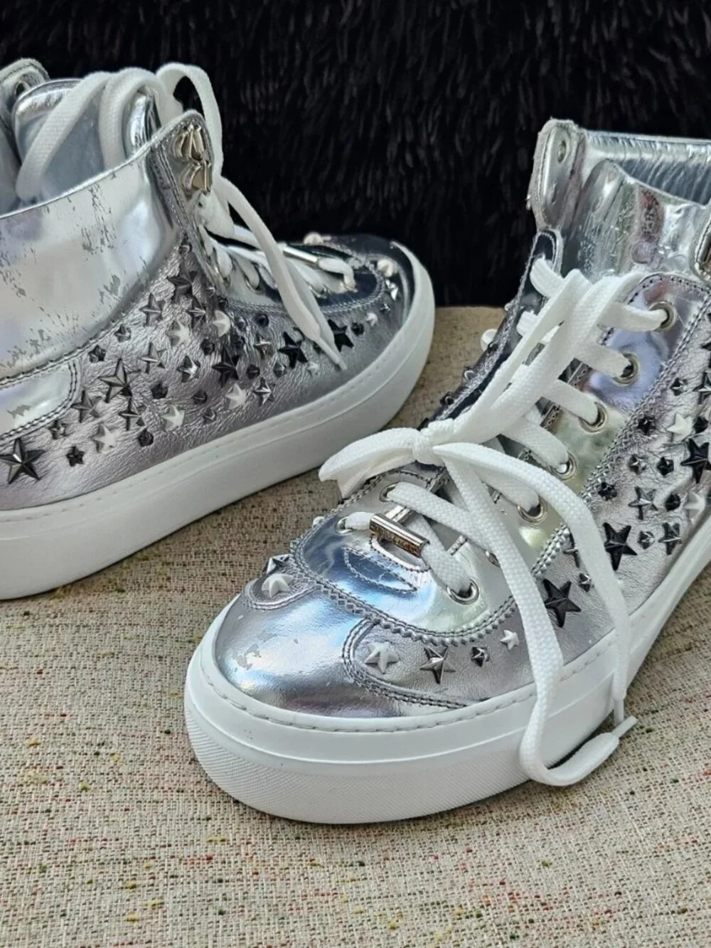 Jimmy Choo Women Sneaker Silver Tone Studs High Top Shoes Size 40.5 Made Italy